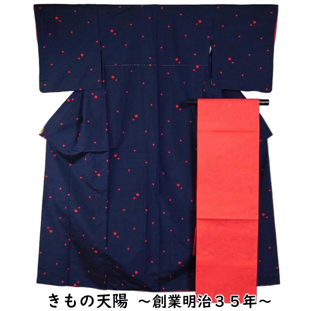 着物セット 未使用品 紬・八寸名古屋帯 2点 セット あられ模様 Mサイズ 紬 中古 着物 リサイクル着物 リサイクル紬 正絹 京都きもの天陽拍卖