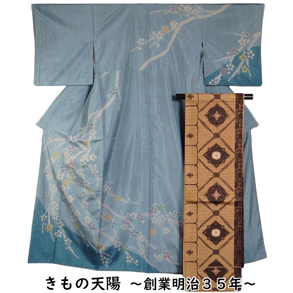 着物セット 大島紬 洒落訪問着・洒落袋帯 2点 セット 絞り染め 枝花模様 Sサイズ 染め大島 紬 中古 リサイクル着物 きもの天陽拍卖