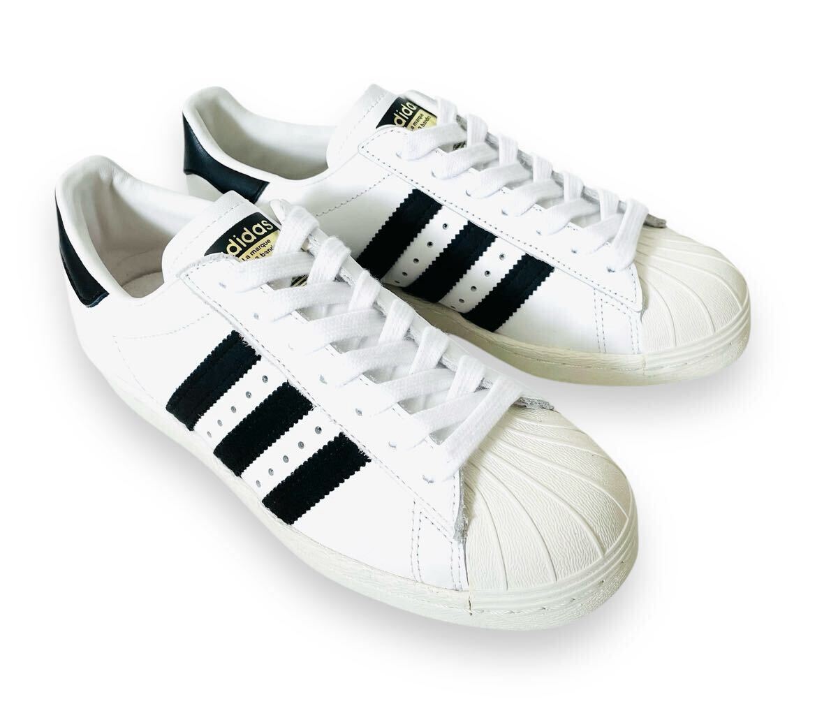 極美品!! 希少!! 19年 adidas SUPERSTAR 80s アディダス スーパースター ホワイト ブラック レザー 白 × 黒 us 4.5 / 22.5 ㎝ 天然皮革拍卖