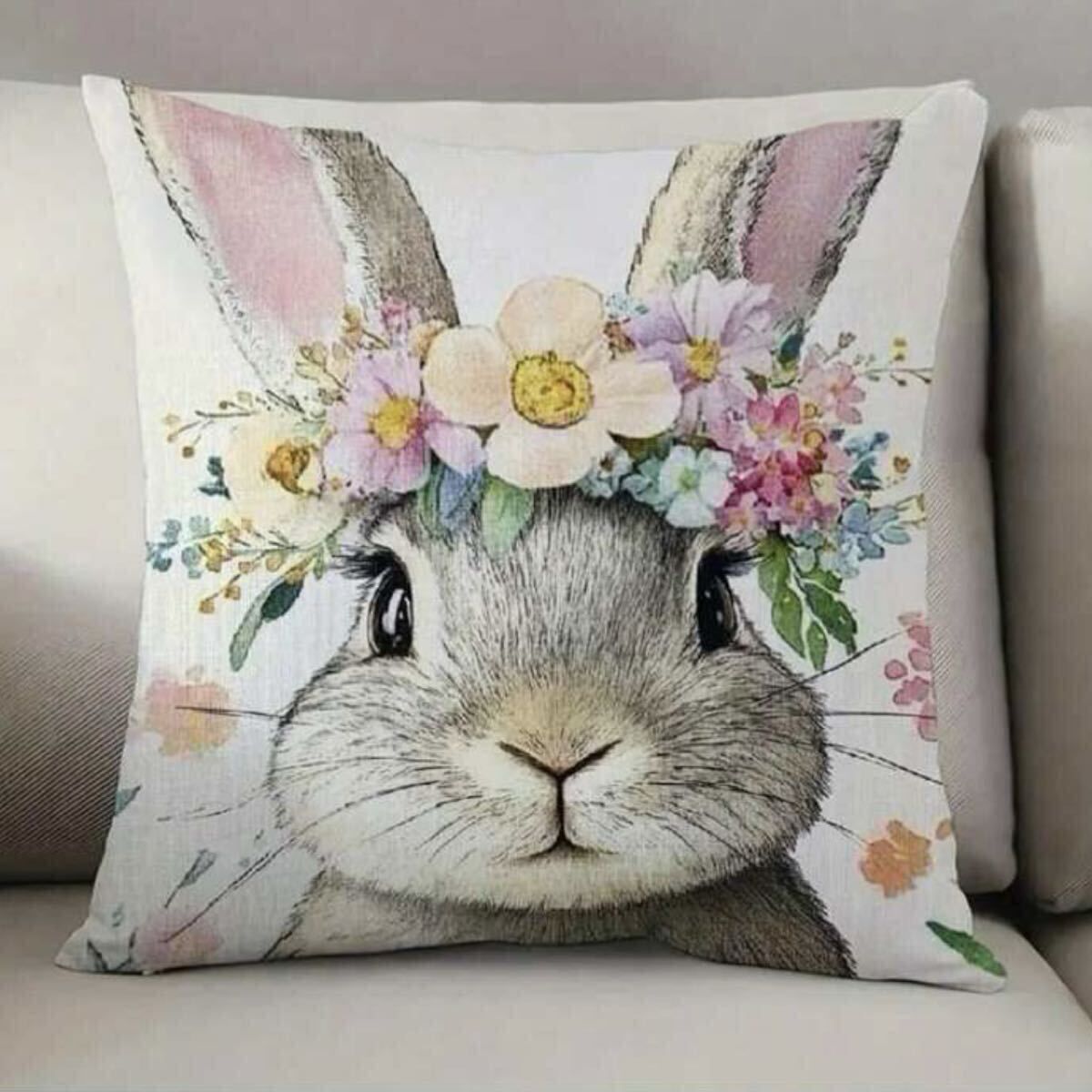 送料無料 クッションカバー 45㎝×45㎝ フラワー 花柄 ウサギうさぎ インテリア小物 新品未使用拍卖