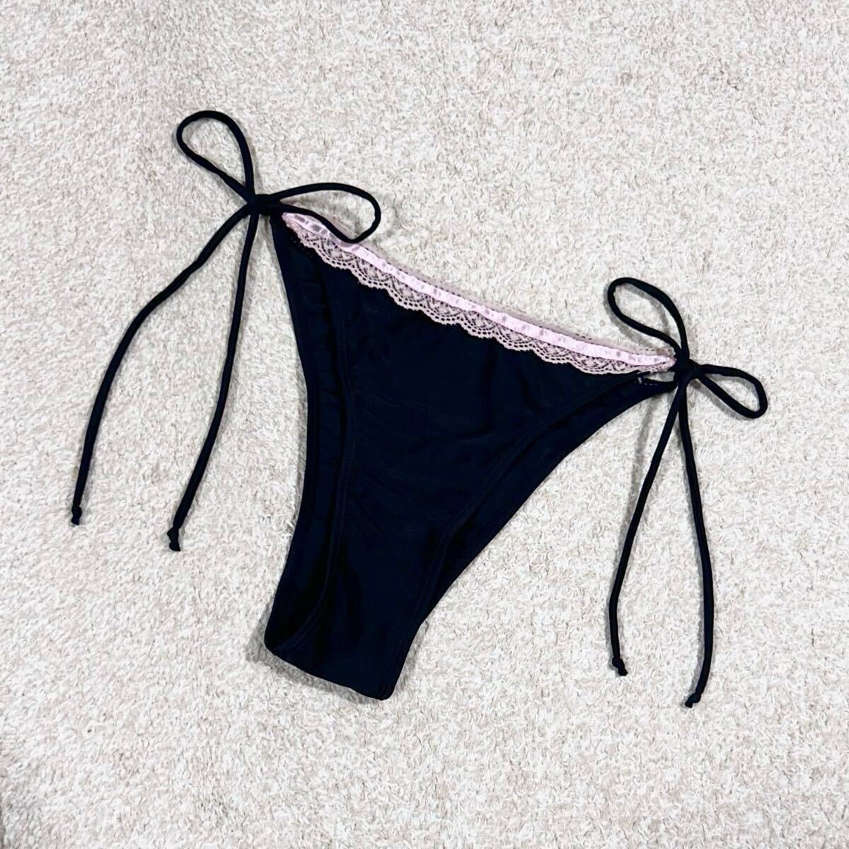 水着 レースビキニ 黒ビキニ ブラック×ピンクレース ビキニパンツ スイムショーツ 紐パン拍卖