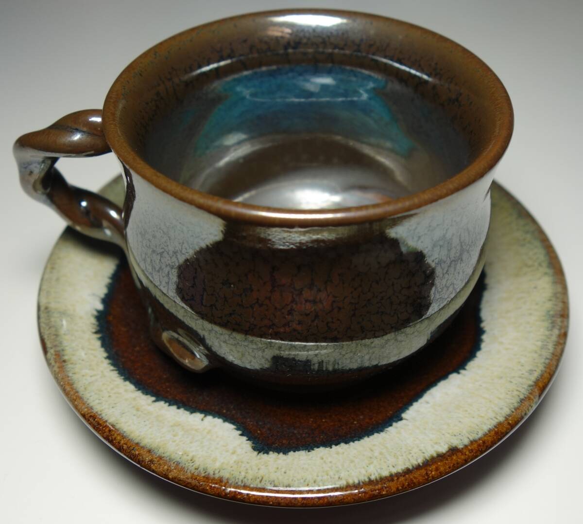 鹿児島県大島郡与論島 天目釉+青色 極上コーヒーカップ 初代与論焼拍卖