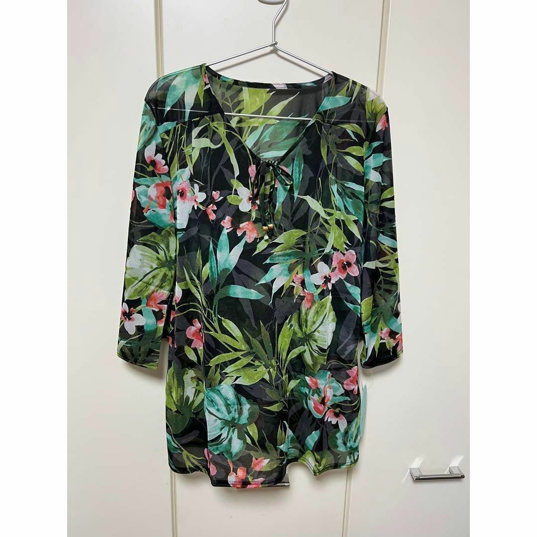 新品 コーラルベール 三愛水着 ボタニカル柄 チュニック 水着 ブラック拍卖