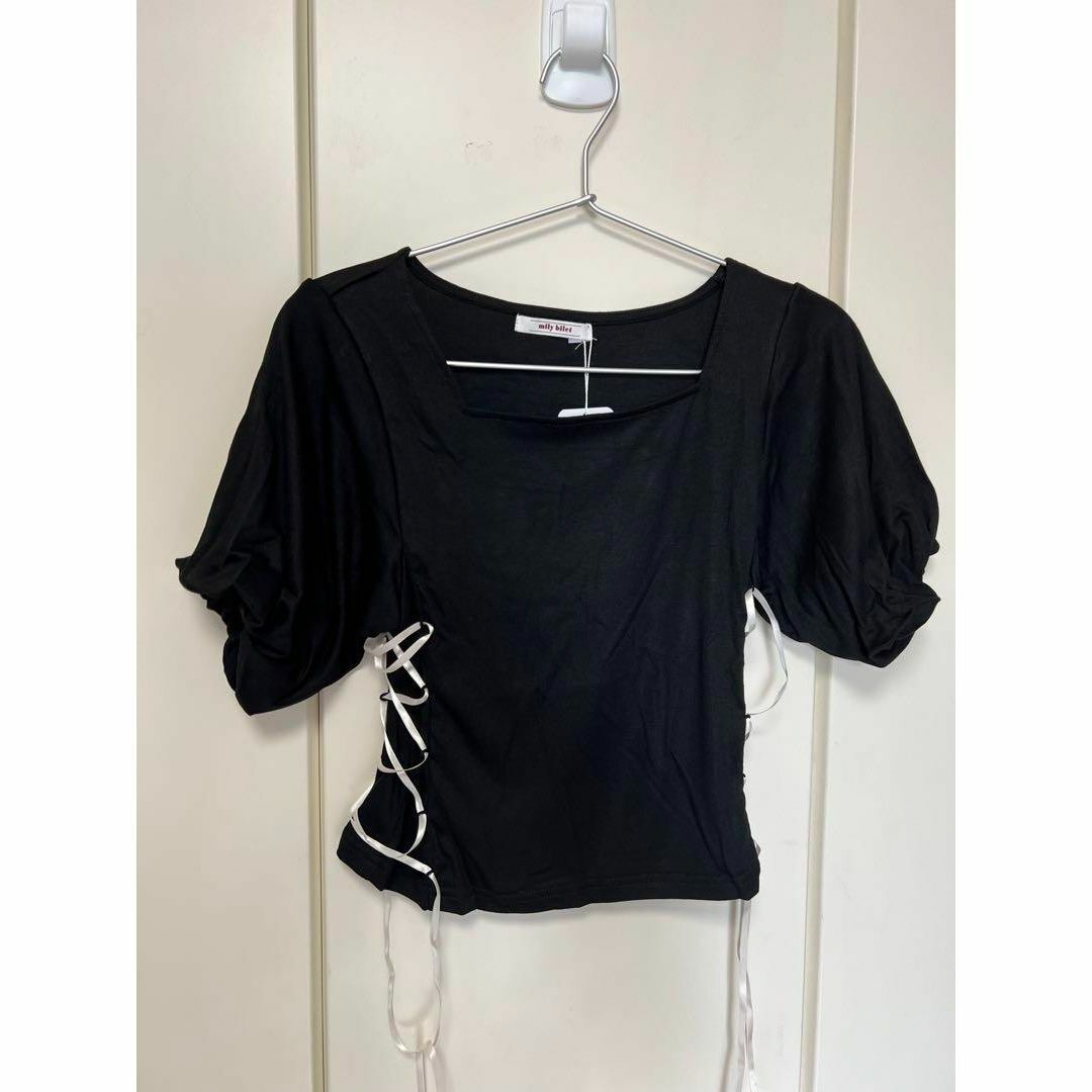 新品 mily bilet サイドレースアップ Tシャツ ブラック S拍卖