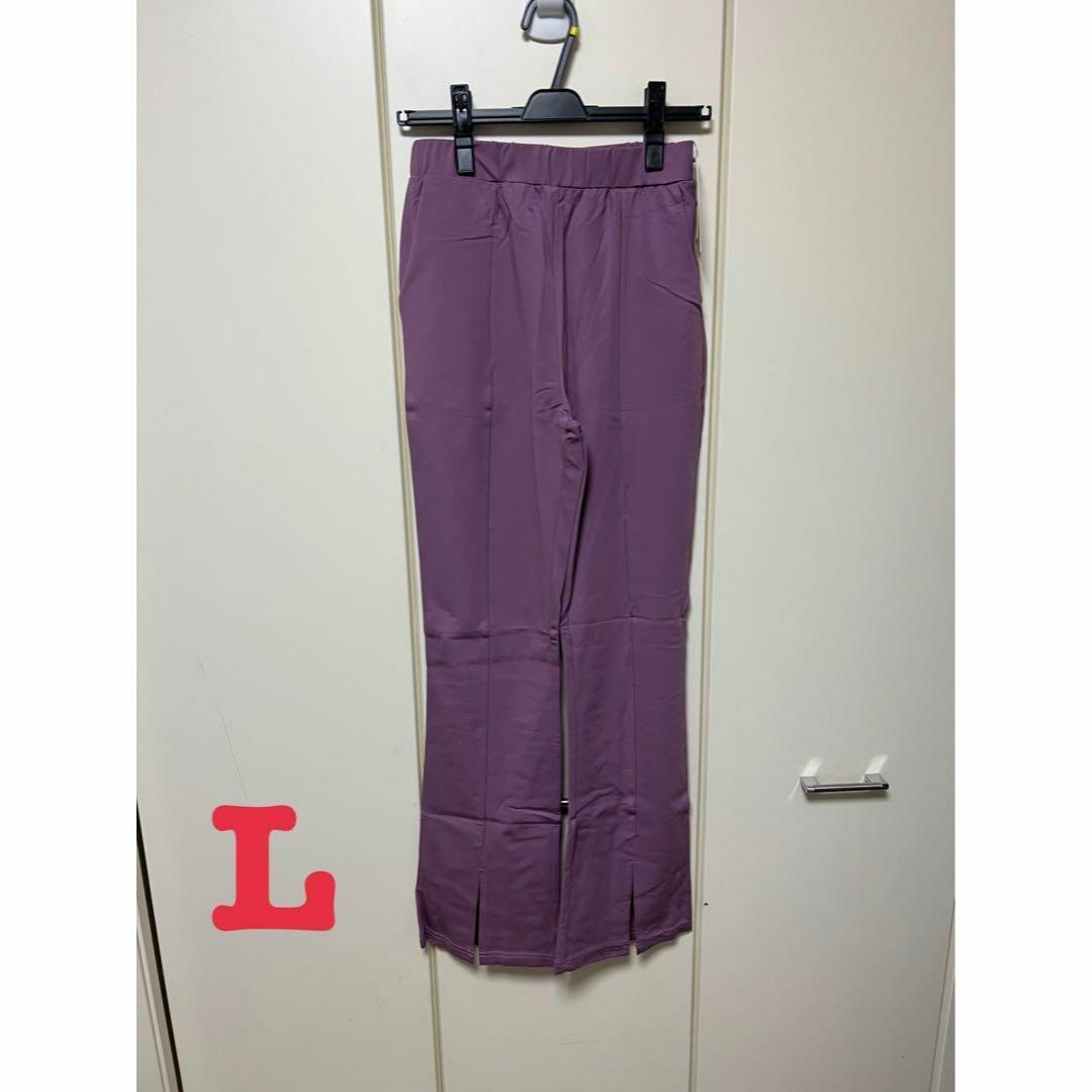 新品 セゾンドパピヨン センタースリット入りストレッチフレアパンツ パープル L拍卖