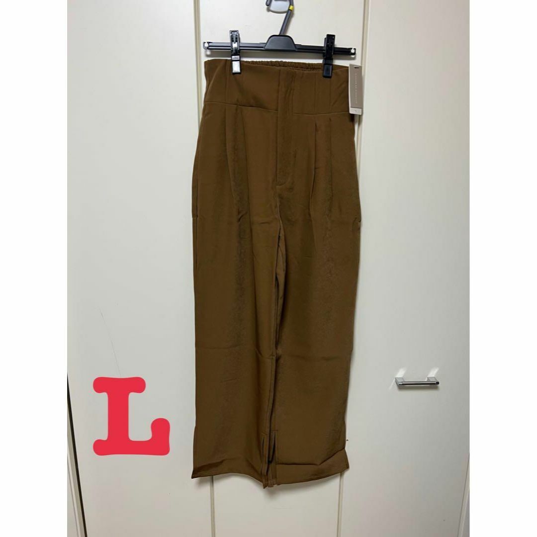 新品 セゾンドパピヨン バックゴムハイウエストストレートパンツ ブラウン L拍卖