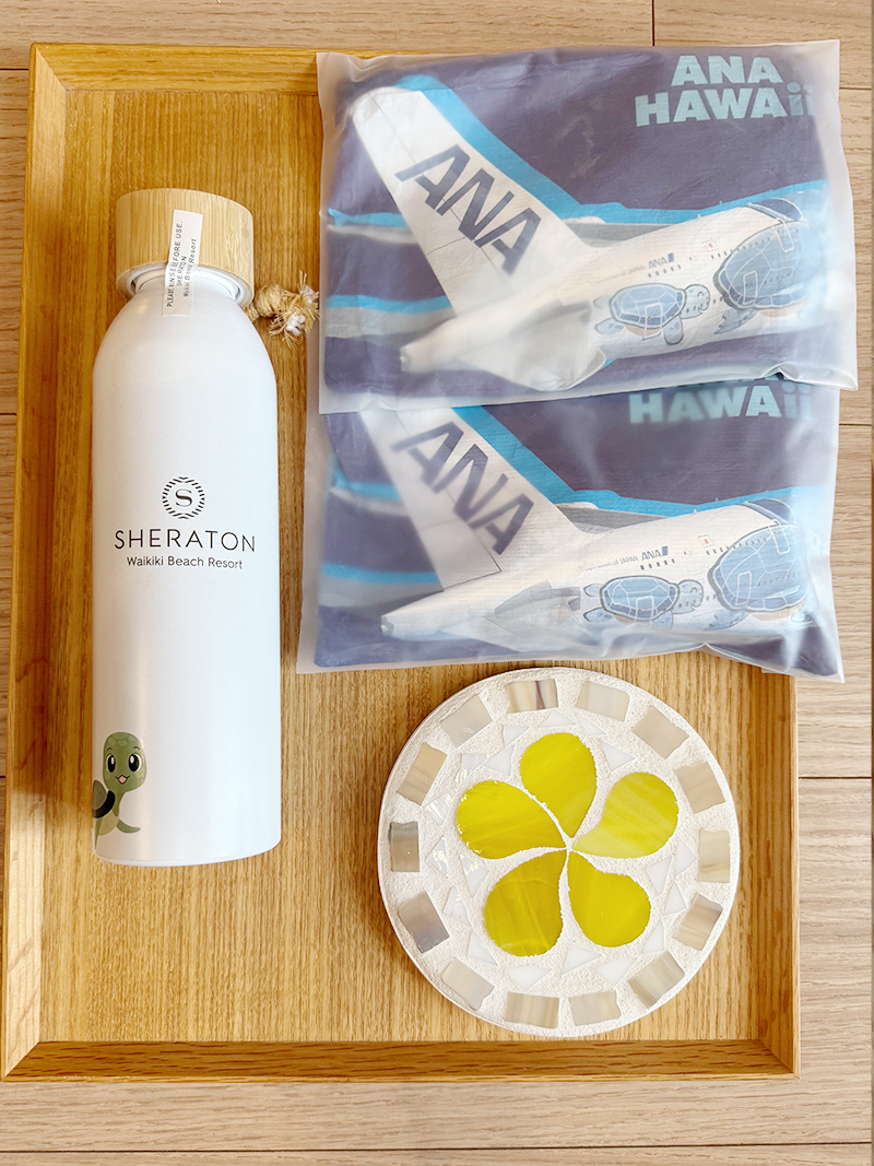 【4点セット】シェラトン ワイキキ ボトル 水筒 ANA ハワイ フライングホヌ エコバッグ 2枚 プルメリア 鍋敷き お土産 ノベルティ拍卖