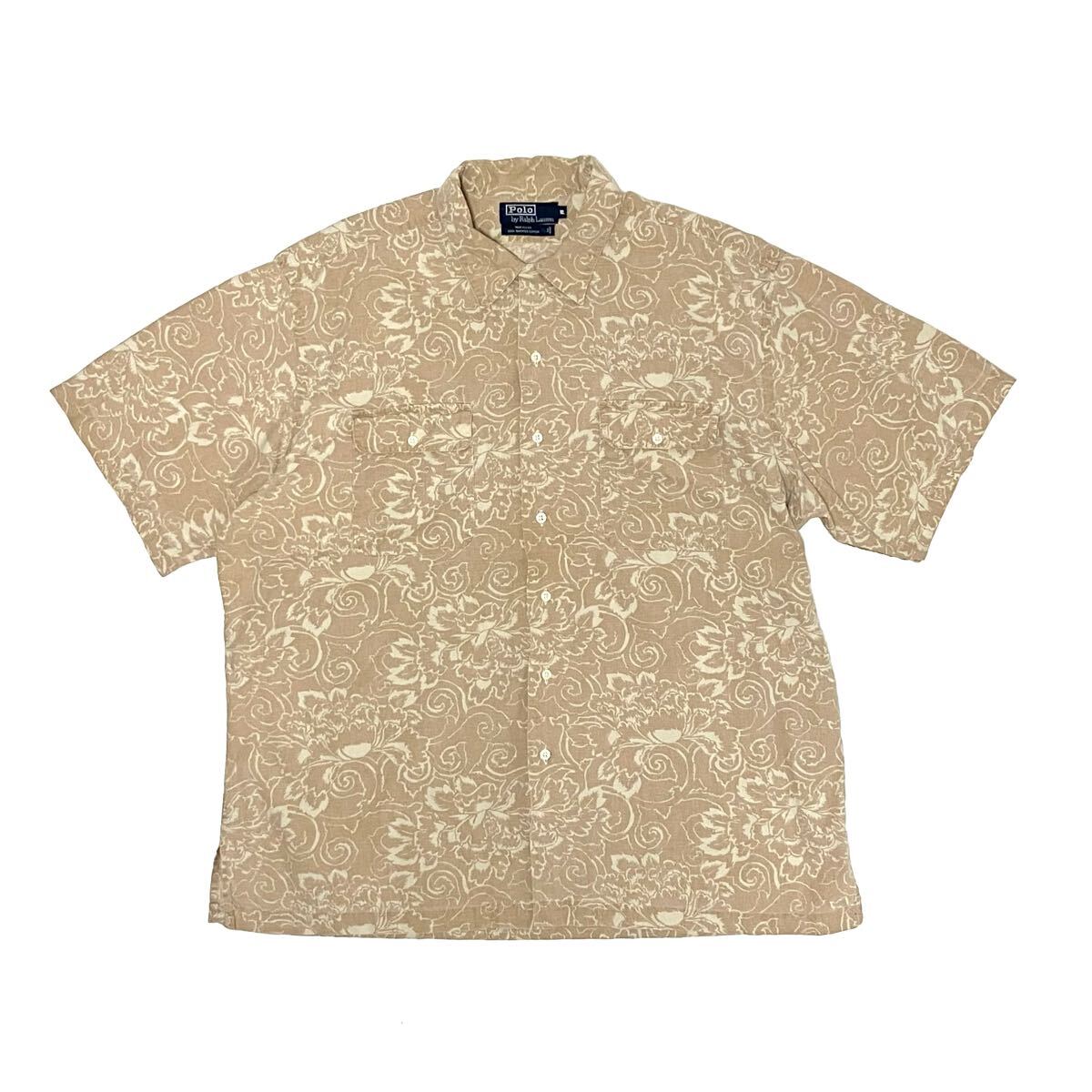 アメリカ製 XL ポロラルフローレン ダブルポケット花柄 プリント シャツ 総柄 半袖 コットン Polo Ralph Lauren ベージュ系 ヴィンテージ拍卖
