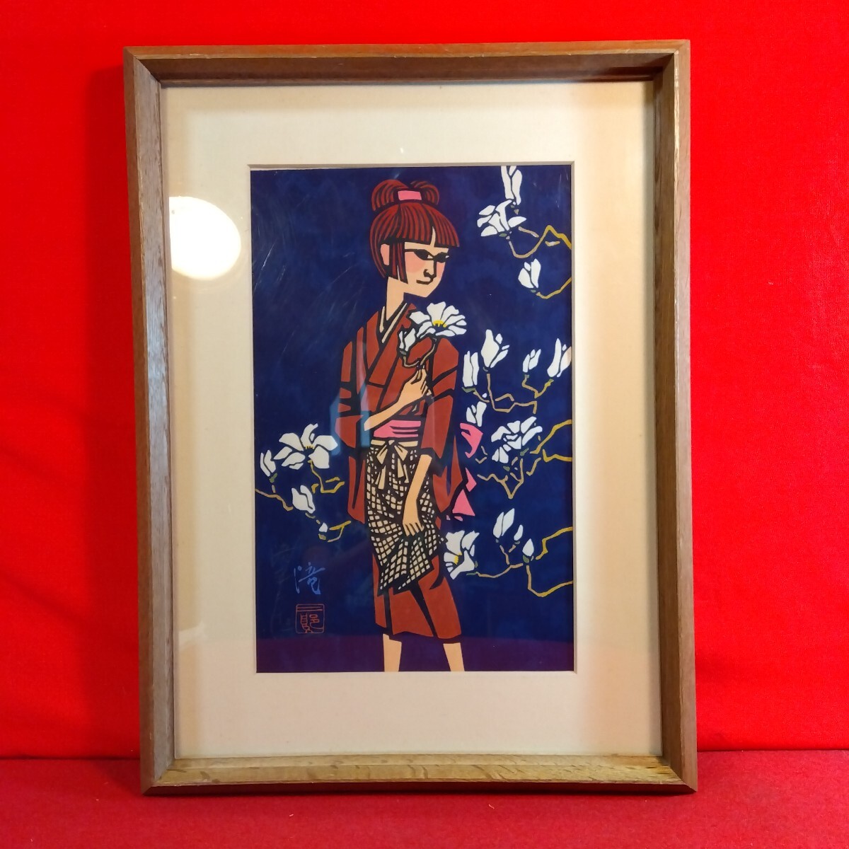真作 木版画『滝平二郎「こぶしの花」額』鉛筆サイン アクリル面の額(36,8×49cm)拍卖