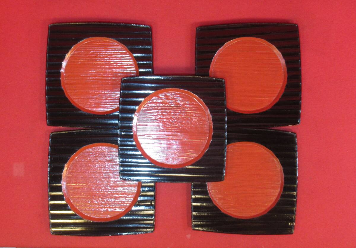 茶道具『宗旦好 朝日盆5枚 時代共箱 木製漆塗菓子器 在銘「竹林」(18,3×18㎝)』時代盆 茶事 天然忌 茶会席膳 千家十職 七事式 茶懐石拍卖