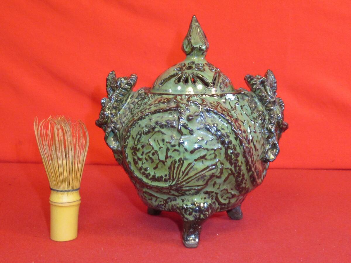珍品 民芸復興『古い小鹿田焼緑釉 龍香炉 おんた焼 在銘「小鹿田焼明山八十六才作」坂本明山』検:柳宗悦 バーナードリーチ 坂本茂木拍卖