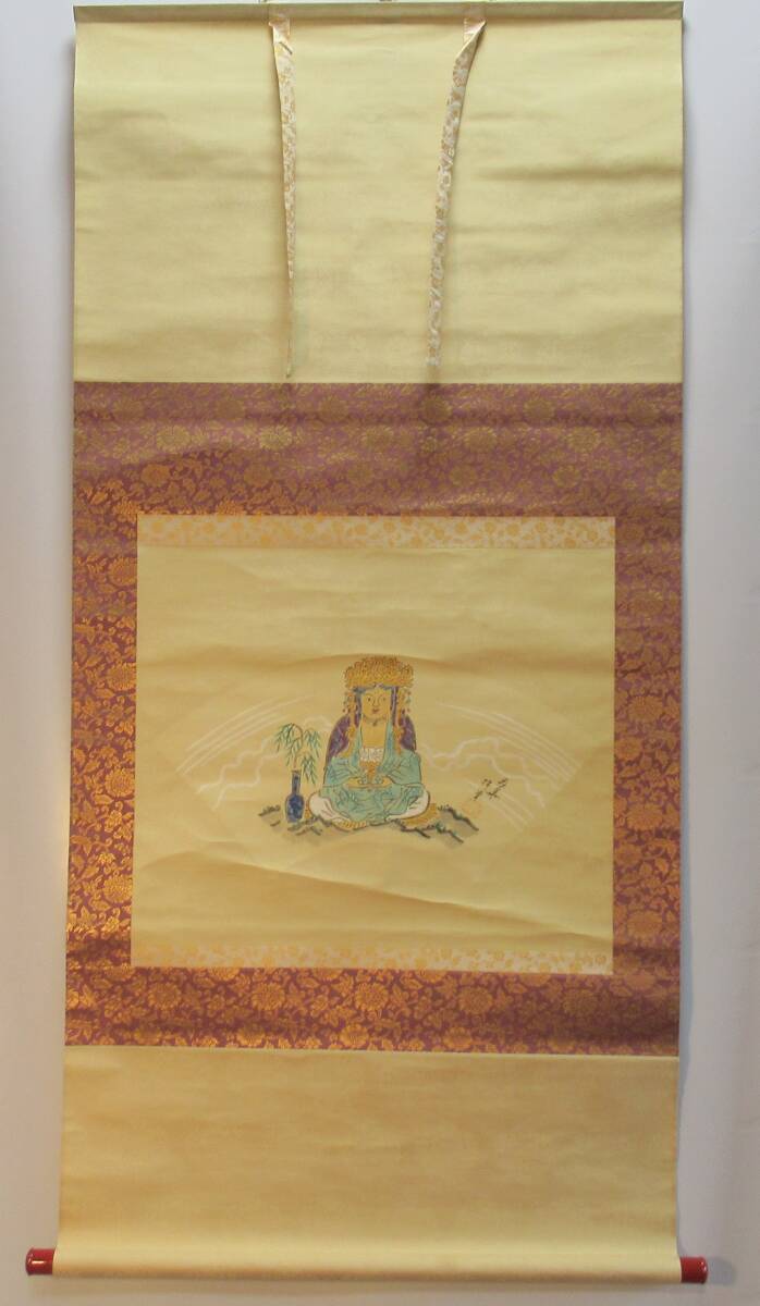 模写 仏画工芸掛軸『扇面画 軸先「木製朱漆」』印刷に彩色掛軸拍卖