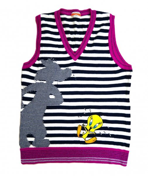 CASTELBAJAC カステルバジャック ★ ニット ベスト ★ ホワイト・ボーダー柄・TWEETY トゥイーティー コラボ・ロゴ入り拍卖