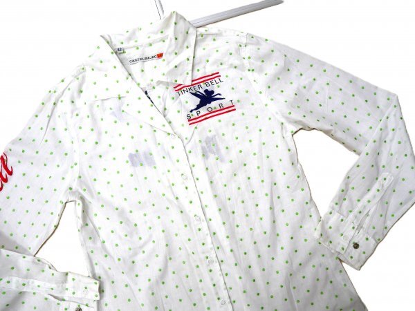 CASTELBAJAC カステルバジャック ★ ブラウス・シャツ ★ ホワイト・グリーン・ドット柄・ティンカーベルコラボ・ロゴ刺しゅう入り拍卖