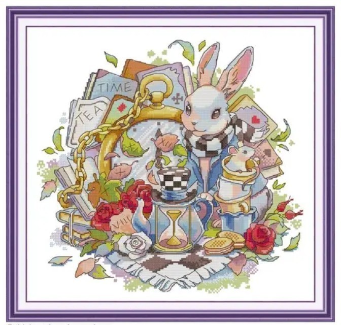 クロスステッチキット Rabbit time hourglass 40×38cm アリス 白うさぎ 14CT 布に図案印刷あり 刺繍拍卖