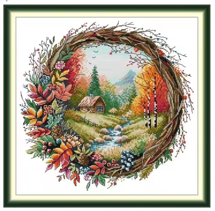 クロスステッチキット 秋のリース 布に図案印刷あり 14CT 刺繍拍卖