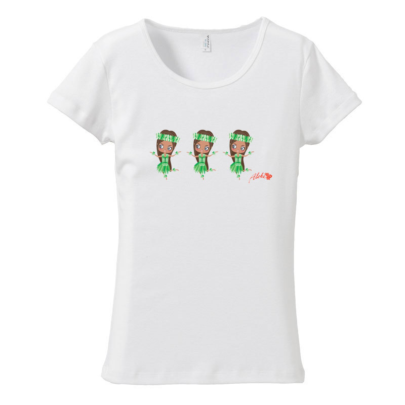 (XL)ホワイト【tf019】キュートな3人フラガール&モンステラ*メール便発送Tシャツ半袖送料無料ダンスレディース南国カジュアルハウラロゴ拍卖