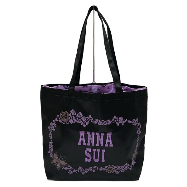 アナスイ ANNA SUI トートバッグ - 黒×パープル 刺繍/花柄/バタフライ(蝶)/ラメ 美品 バッグ拍卖
