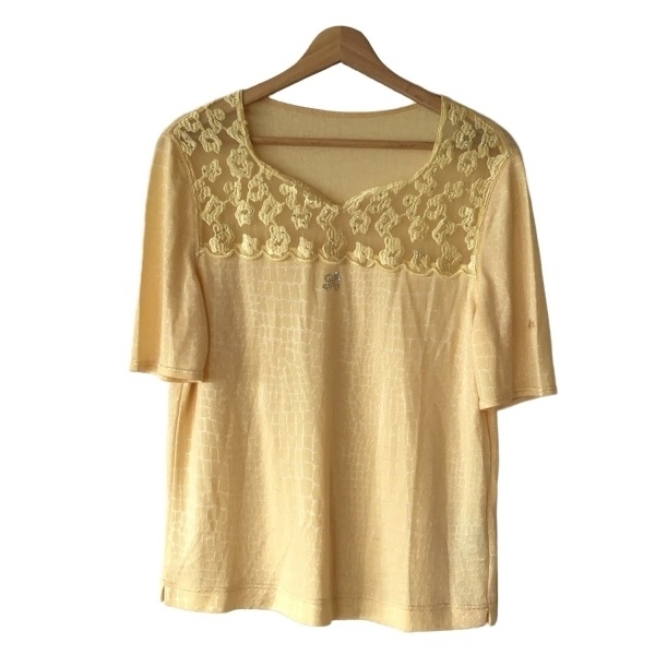 イタリヤ 伊太利屋/GKITALIYA 半袖カットソー サイズ11 M - ライトイエロー レディース レース/ラインストーン/クロコダイル柄/シースルー拍卖