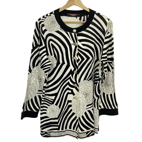 レオナール LEONARD カーディガン サイズL - 白×黒 レディース 長袖/花柄/ロング丈 トップス拍卖