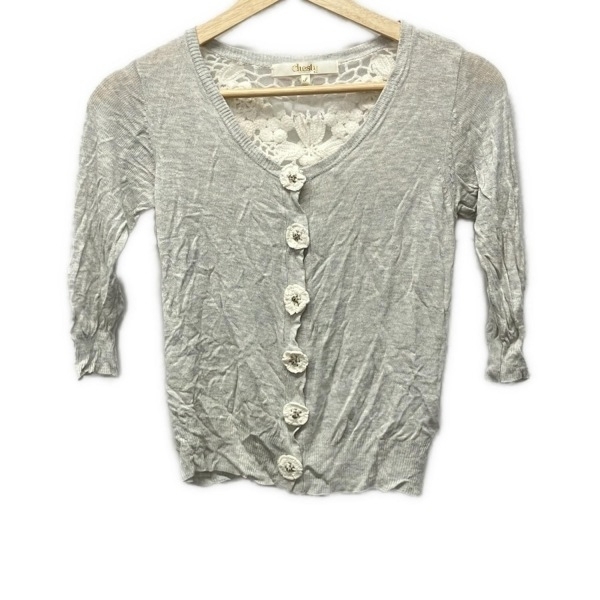 チェスティ Chesty カーディガン サイズF - ライトグレー×アイボリー レディース 七分袖/ビーズ トップス拍卖