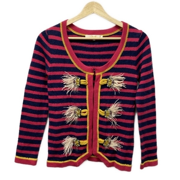 チェスティ Chesty カーディガン サイズF - ネイビー×ピンク×ダークイエロー レディース 長袖/ボーダー/ビジュー トップス拍卖