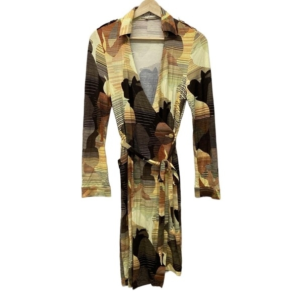 チェスティ Chesty サイズF - ライトイエロー×ダークブラウン×マルチ レディース 開襟/長袖/ひざ丈/カシュクール ワンピース拍卖