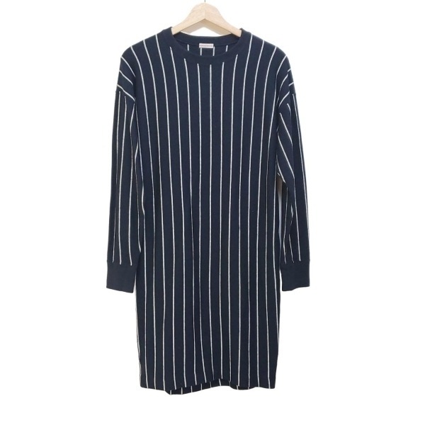 ドレステリア DRESSTERIOR - ダークネイビー×アイボリー レディース クルーネック/長袖/ひざ丈/ニット/ストライプ 美品 ワンピース拍卖