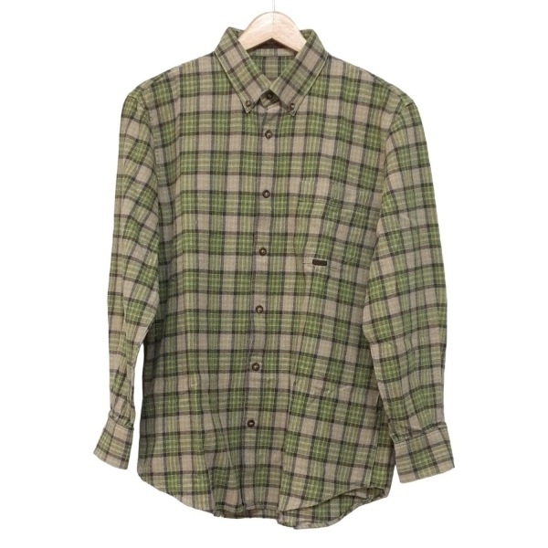 パパス Papas 長袖シャツ サイズ48 XL - イエローグリーン×グレーベージュ×マルチ メンズ チェック柄 美品 トップス拍卖