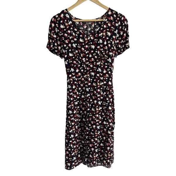ローラアシュレイ LAURAASHLEY サイズ9 M - 黒×レッド×マルチ レディース Vネック/半袖/ロング/花柄 美品 ワンピース拍卖