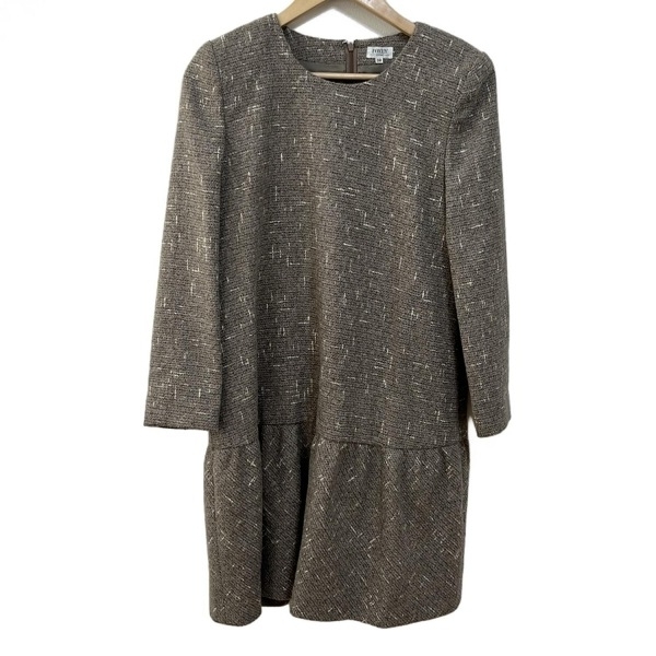 フォクシー FOXEY サイズ38 M - グレーベージュ×アイボリー レディース クルーネック/長袖/ひざ丈 ワンピース拍卖