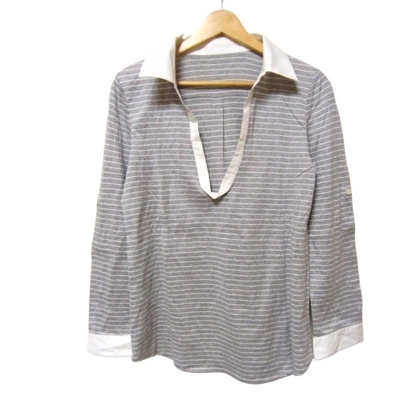 レリアン Leilian 長袖カットソー サイズ9 M - グレー×白 レディース 開襟/ボーダー トップス拍卖