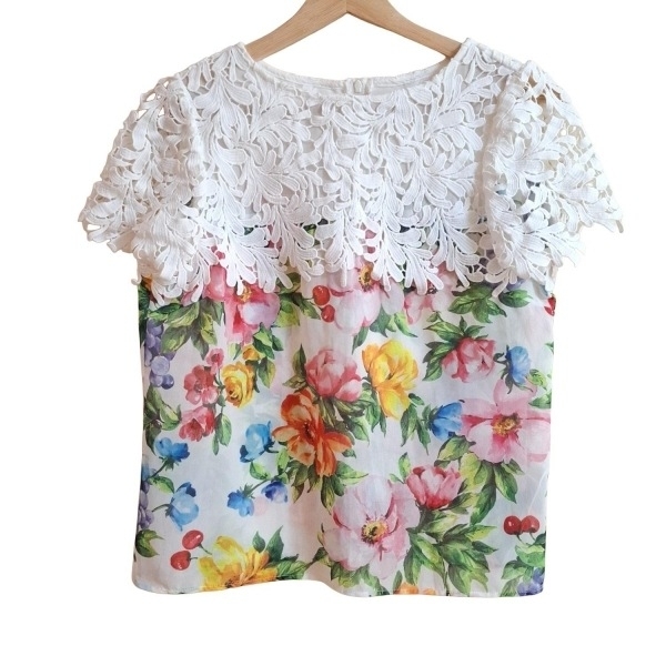 チェスティ Chesty 半袖カットソー サイズ1 S - 白×グリーン×マルチ レディース レース/花柄 美品 トップス拍卖