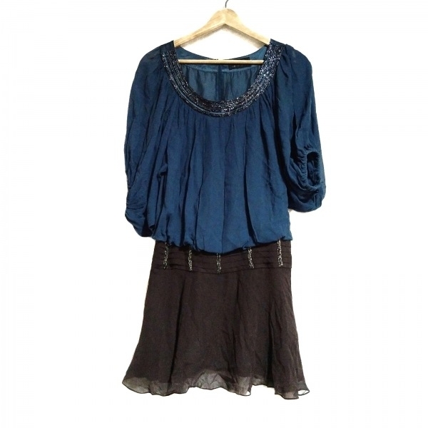 グレースコンチネンタル GRACE CONTINENTAL サイズ36 S - ネイビー×ダークブラウン レディース 半袖/ひざ丈/ビーズ 美品 ワンピース拍卖