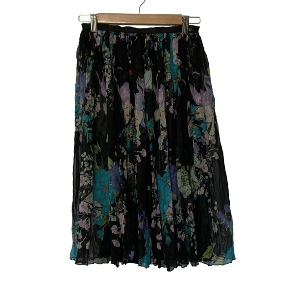 ツモリチサト TSUMORI CHISATO スカート サイズ2 M - 黒×ライトパープル×マルチ レディース ひざ丈/シルク/花柄/ウエストゴム/シースルー拍卖