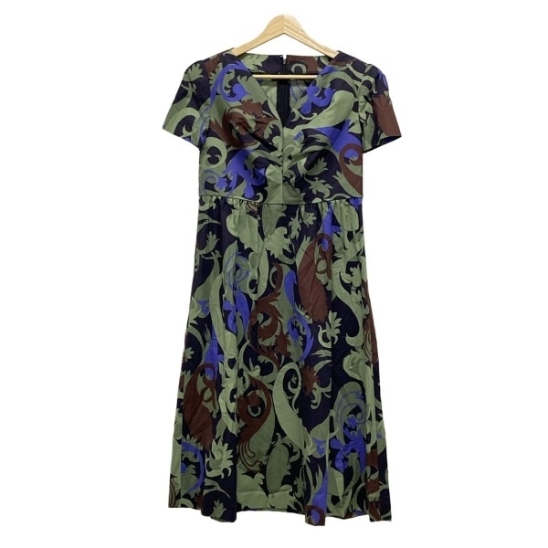 ジュンアシダ JUN ASHIDA サイズ9 M - グリーン×黒×マルチ レディース Vネック/半袖/ひざ丈/肩パッド 美品 ワンピース拍卖