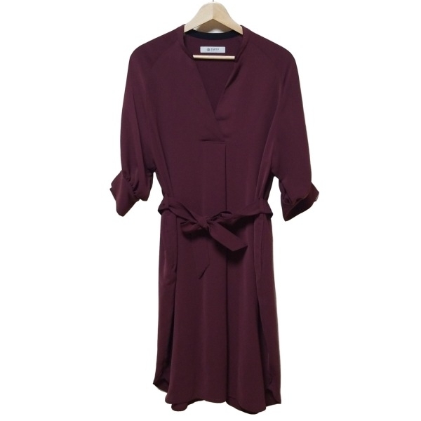 ナノユニバース nano universe サイズ36 S - ボルドー レディース Vネック/七分袖/ひざ丈/ベルト付き 美品 ワンピース拍卖