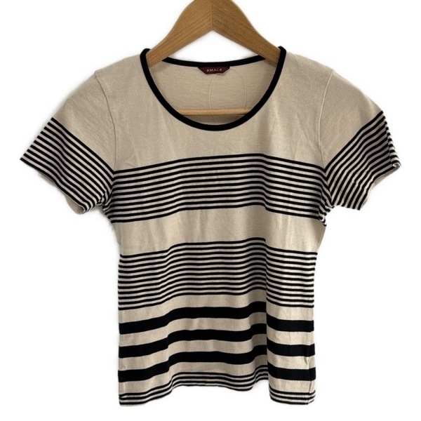 アマカ AMACA 半袖セーター/ニット サイズ38 M ベージュ×黒 レディース ボーダー 美品 トップス拍卖