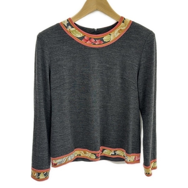 レオナール LEONARD 長袖カットソー サイズL - ダークグレー×黒×マルチ レディース クルーネック/フラワー(花)/肩パッド トップス拍卖