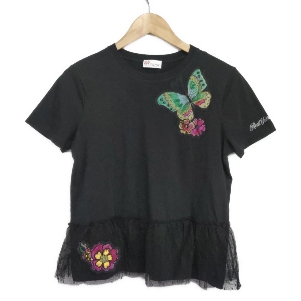 レッドバレンチノ RED VALENTINO 半袖カットソー サイズS - 黒×マルチ レディース バタフライ(蝶)/ビーズ トップス拍卖