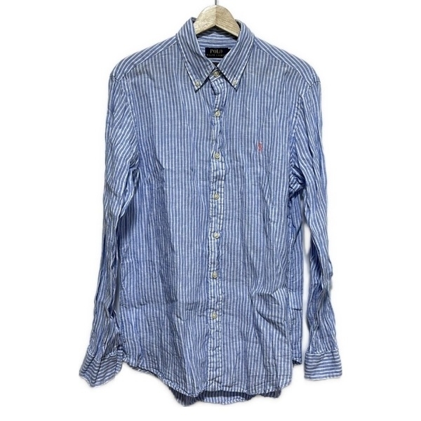 ポロラルフローレン POLObyRalphLauren 長袖シャツ サイズM - ブルー×白 メンズ 麻/ストライプ トップス拍卖