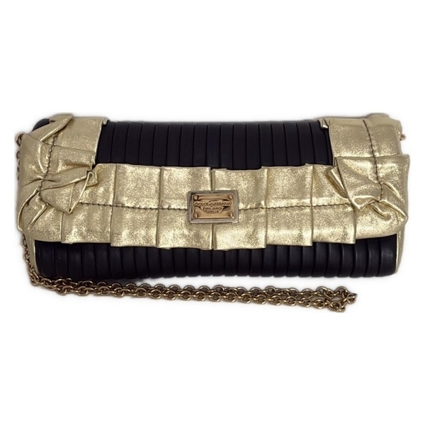 ドルチェアンドガッバーナ DOLCE&GABBANA ショルダーバッグ - レザー 黒×ゴールド ギャザー/チェーンショルダー バッグ拍卖