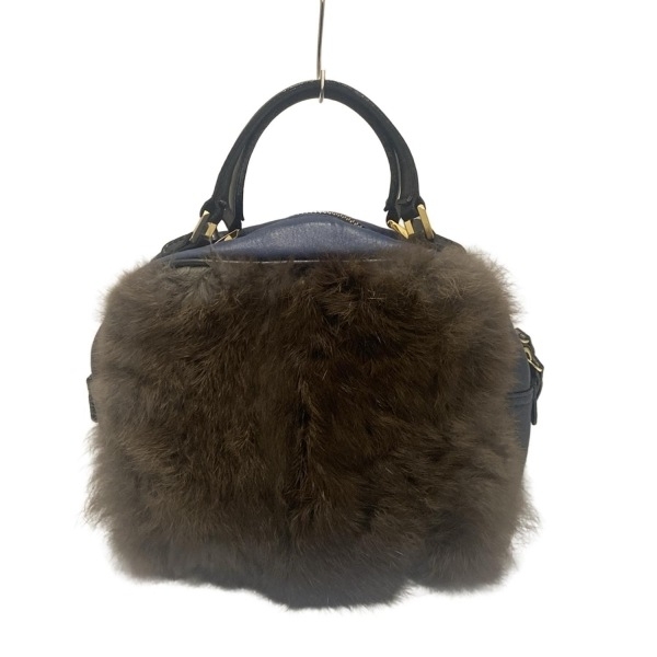 ヴィオラドーロ VIOLAd'ORO ハンドバッグ - レザー、フェイクファー ネイビー×ダークブラウン×黒 バッグ拍卖