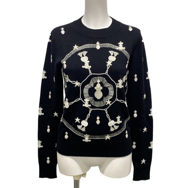 エルメス HERMES 長袖セーター/ニット サイズ36 S 16-7701 - カシミヤ 黒×白 レディース 刺繍 トップス拍卖