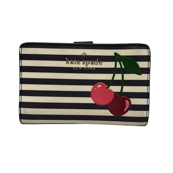 ケイトスペード Kate spade 2つ折り財布 - レザー ダークネイビー×アイボリー×マルチ ボーダー/チェリー/パスケース付き/L字ファスナー拍卖
