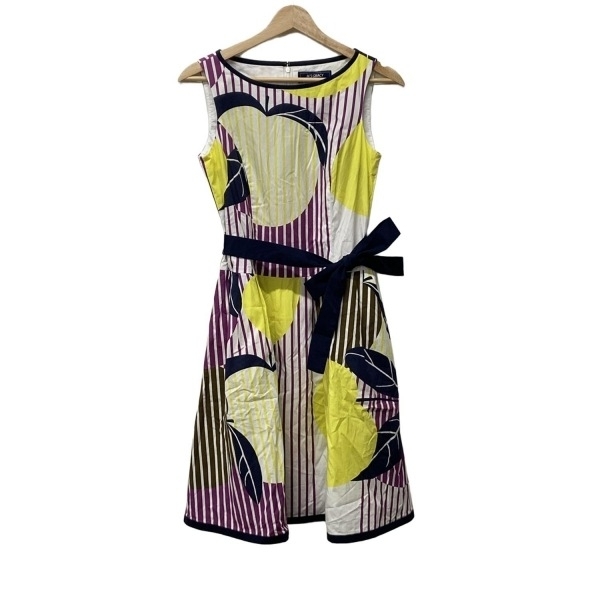 エムズグレイシー M'S GRACY サイズ38 M - 白×パープル×マルチ レディース ノースリーブ/ひざ丈/ストライプ 美品 ワンピース拍卖