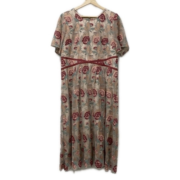 ローズティアラ Rose Tiara サイズ42 L - ベージュ×ピンク×マルチ レディース ロング丈/クルーネック/半袖/花柄 ワンピース拍卖