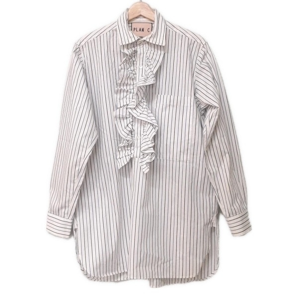 プランシー PLAN C チュニック サイズ40 M - 白×黒×ブルーグレー レディース レギュラーカラー/長袖/ストライプ/フリル ワンピース拍卖