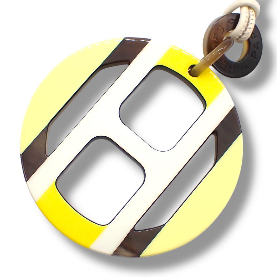 未使用保管品 エルメス HERMES 72㎝ Hエキップ ネックレス ネックレス バッファローホーン ラッカー イエロー ホワイト ブラウン 3988拍卖