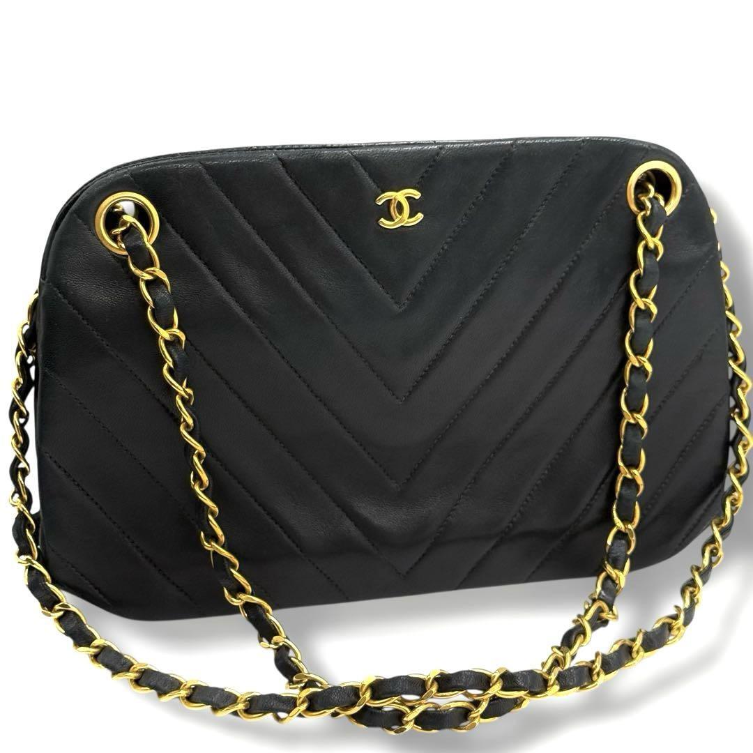 シャネル 2way チェーンショルダーバッグ がま口 シェブロン CHANEL Vステッチ トートバッグ ラムスキン ブラック 3992拍卖